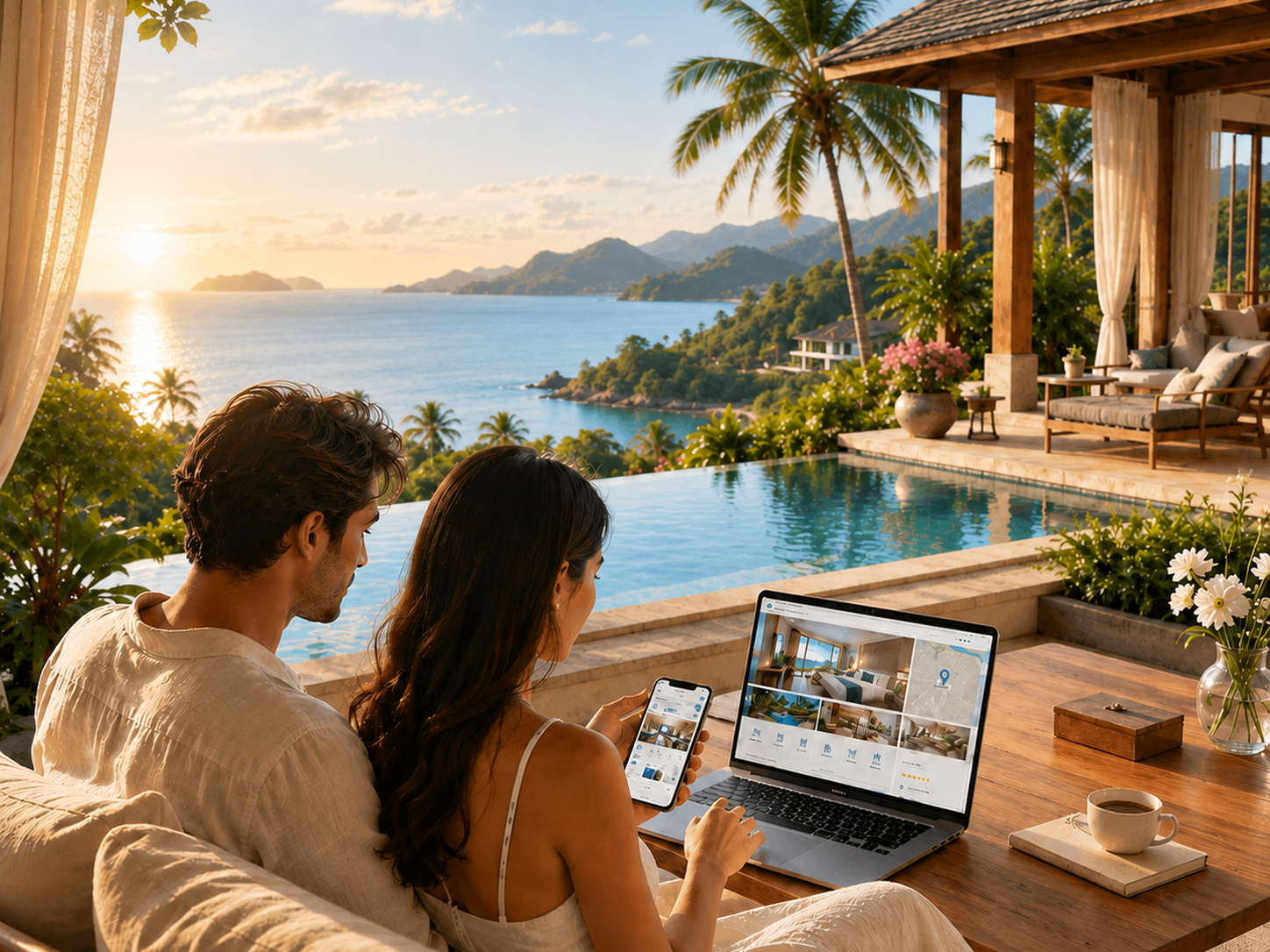 Couple booking a verified hotel page at a relaxing seaside resort in Thailand